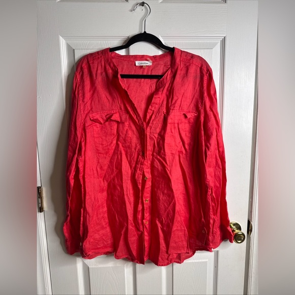 Calvin Klein Linen Button Front Shirt Women’s XL Coral Pink - Picture 1 of 11